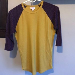 Lula Roe yellow and purple baseball style top
